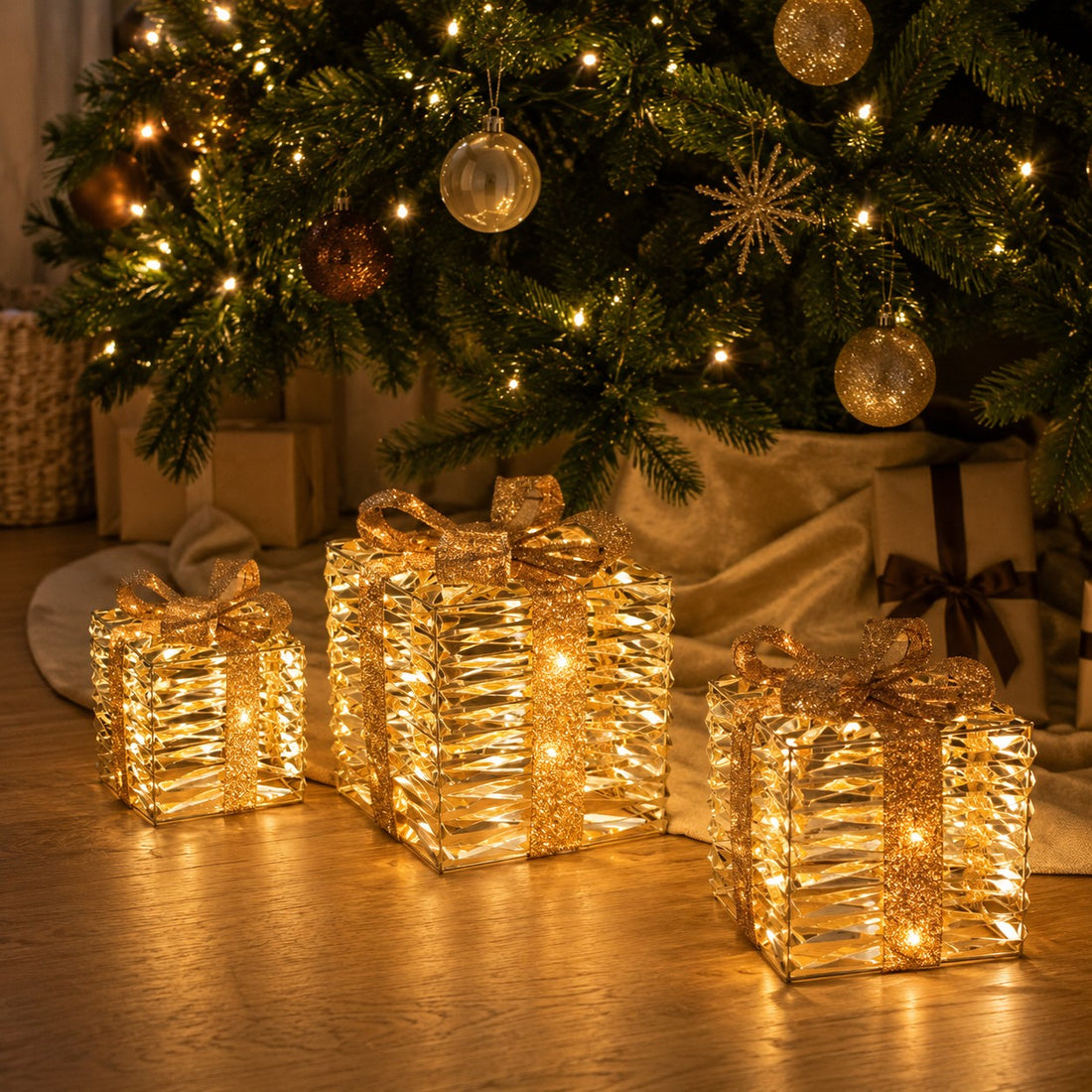 Bizzotto Set 3 Pacchi Regalo Natalizi Kinsey a Batteria IP20 MicroLED Luce Calda 15x17, 20x23 e 25x30 cm – Decorazioni Luminose