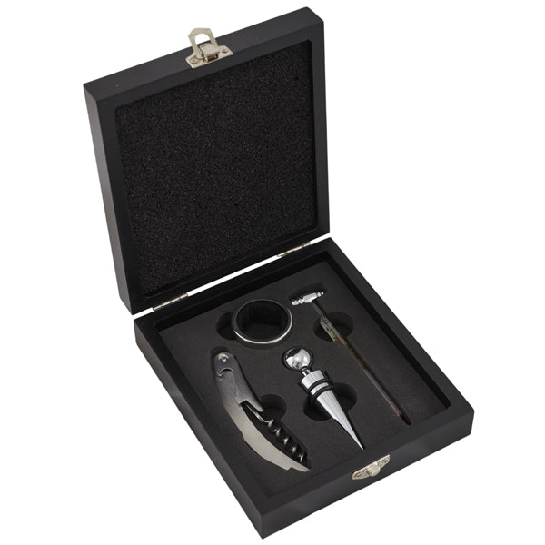 L'Arcolaio Wooden Set Vino 4 Pezzi – Cofanetto Quadrato Nero con Accessori per Vino, Elegante Idea Regalo