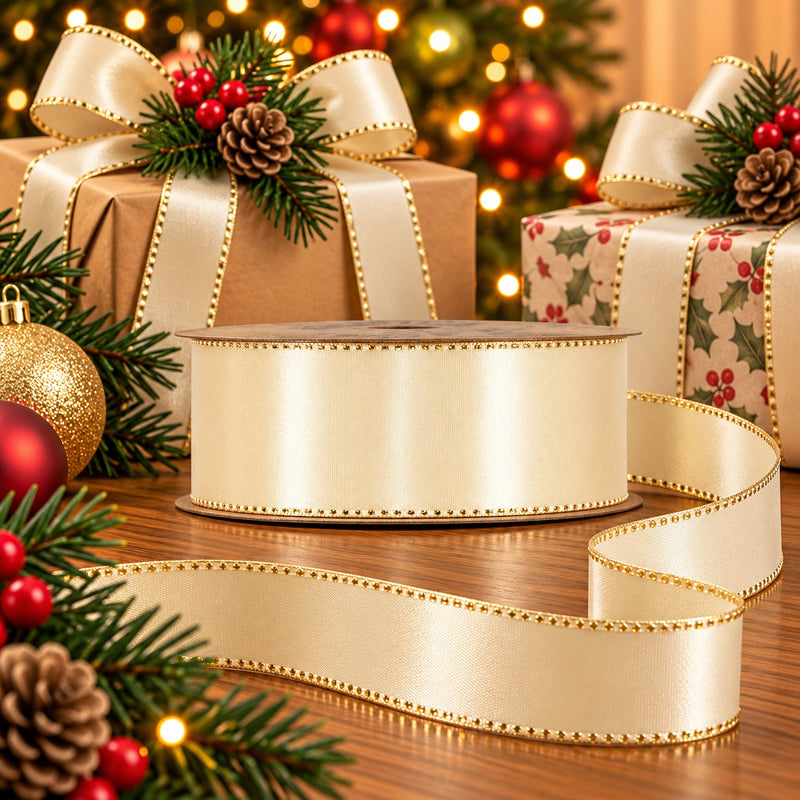 Piovaccari Nastro Satinée Cream 40 mm x 20 m – Nastro Satinato Color Crema per Fiocchi, Confezioni Regalo e Decorazioni Natalizie