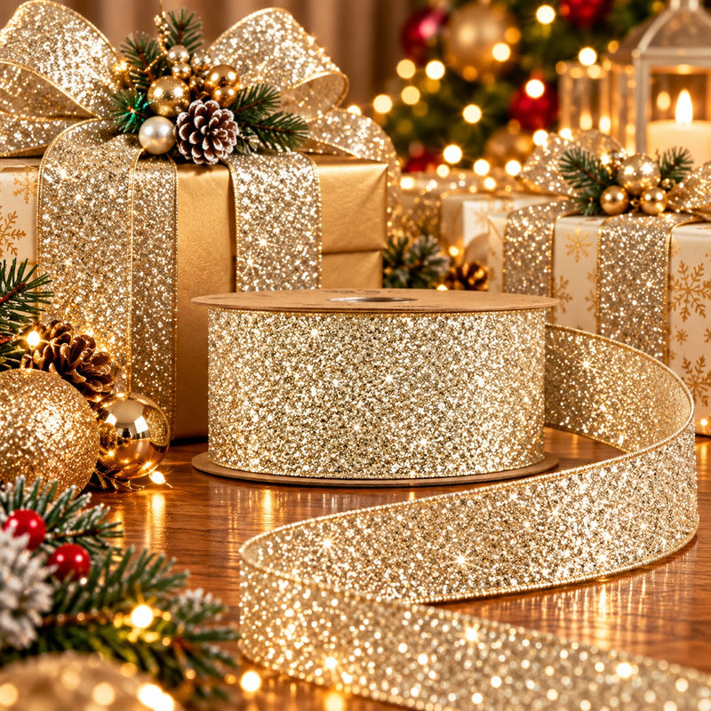 Piovaccari Nastro Desirée Champagne 40 mm x 10 m – Nastro Decorativo Natalizio per Albero di Natale, Fiocchi e Confezioni Regalo