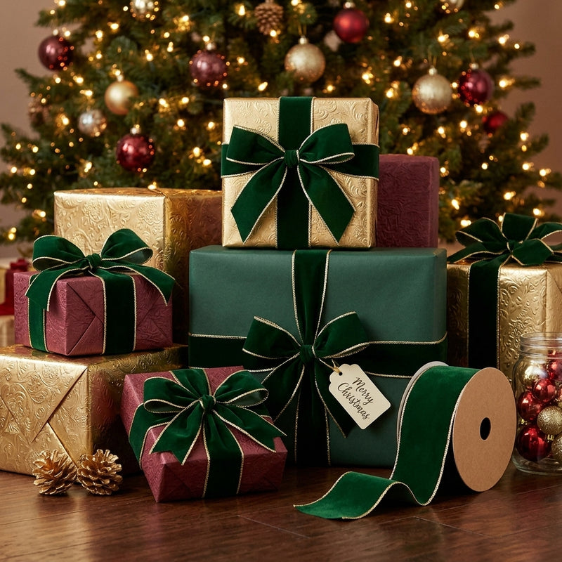Piovaccari Nastro Double Sides Velvet & Glitter Verde Scuro 100 mm x 10 m – Nastro Natalizio in Velluto e Glitter per Albero di Natale, Fiocchi e Confezioni Regalo