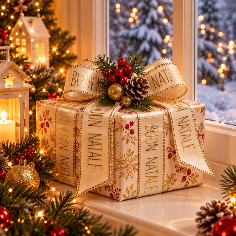 Piovaccari Nastro Buon Natale Cream 40 mm x 15 m – Nastro Decorativo Natalizio Color Crema con Scritta Buon Natale per Albero, Fiocchi, Pacchi Regalo e Addobbi Natalizi