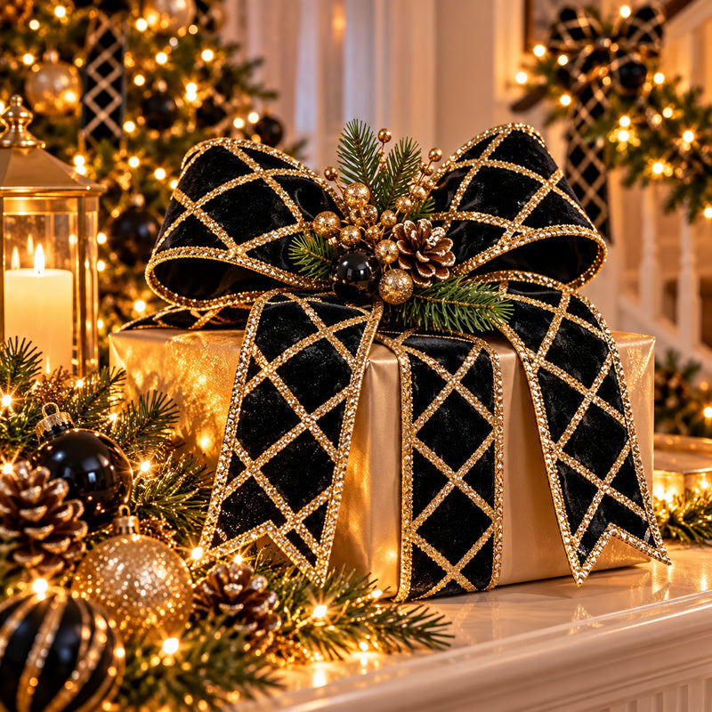 Piovaccari Nastro Rhombus Nero 63 mm x 10 m – Nastro Decorativo Natalizio con Motivo a Rombi per Albero di Natale, Fiocchi e Confezioni Regalo