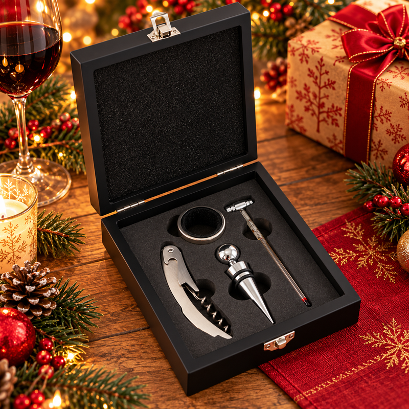 L'Arcolaio Wooden Set Vino 4 Pezzi – Cofanetto Quadrato Nero con Accessori per Vino, Elegante Idea Regalo