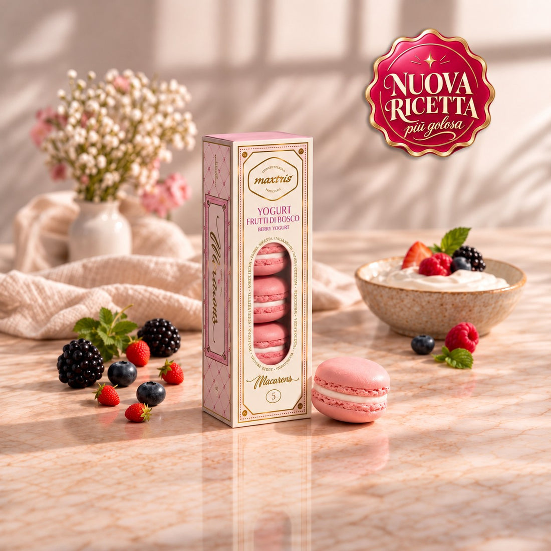 Maxtris Macarons Yogurt Rosa 70 g 5 Pezzi – Dolcetti Macarons al Gusto Yogurt per Feste, Confettate e Idee Regalo