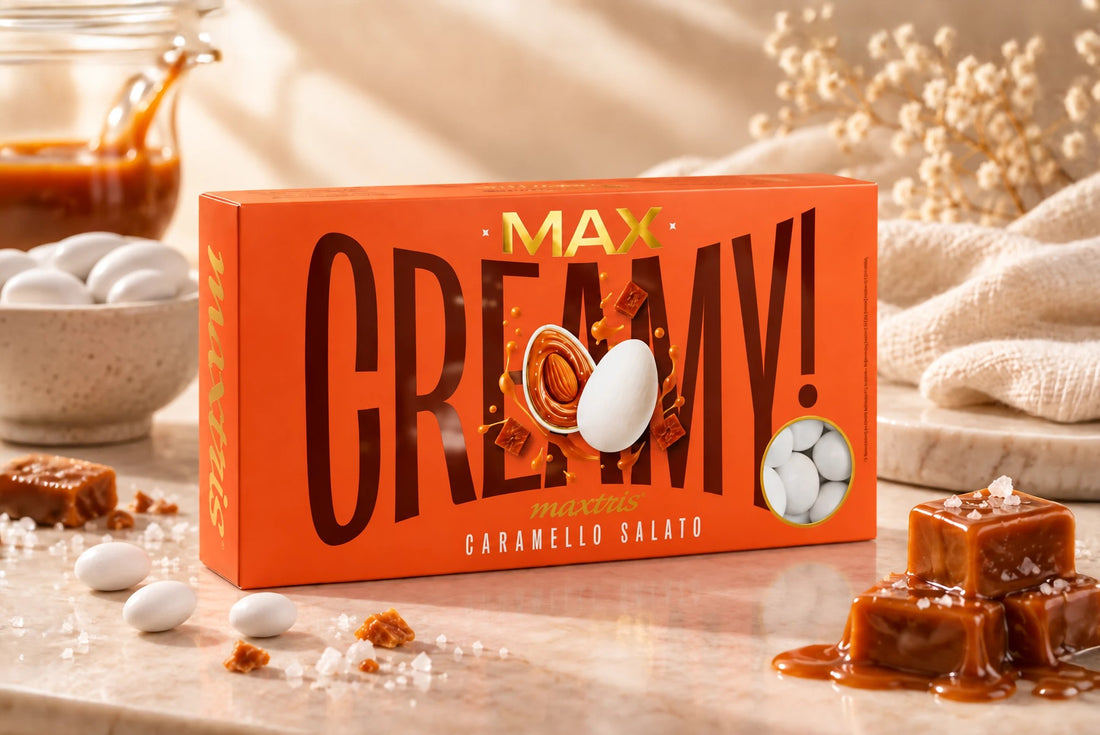 Maxtris Confetti Creamy Max Caramello Salato Bianchi 1 kg – Confetti Golosi al Gusto Caramello Salato per Matrimoni, Cerimonie, Feste e Confettate