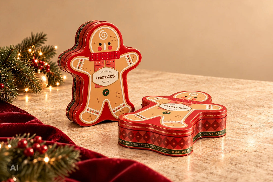 Maxtris Omino Pan di Zenzero in Latta con Cioccolatini Assortiti 96 g – Confezione Regalo Natalizia con Cioccolatini per Natale