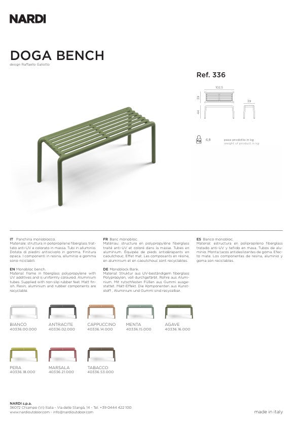 Nardi Doga Bench New Panchina da Esterno Menta 102,5 x 44 x 39 cm – Panchina Moderna per Giardino e Terrazzo