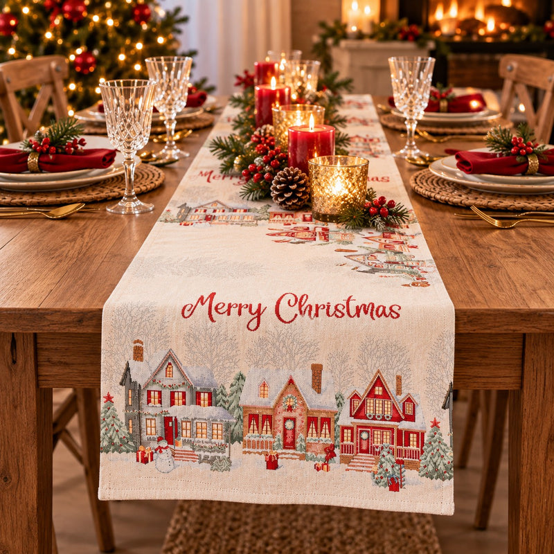 Bizzotto Runner Natalizio Village Bianco 183x33 cm – Centrotavola Decorativo per la Tavola di Natale