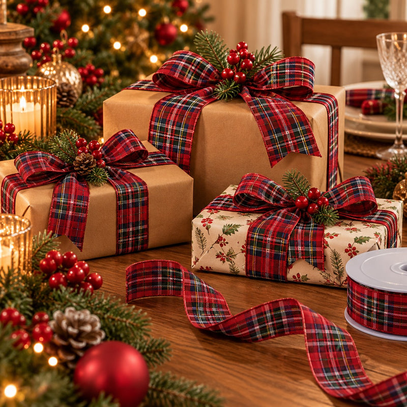 Piovaccari Nastro Natalizio Tartan Rosso 38 mm x 20 m – Nastro Scozzese Decorativo per Albero di Natale, Fiocchi e Pacchi Regalo