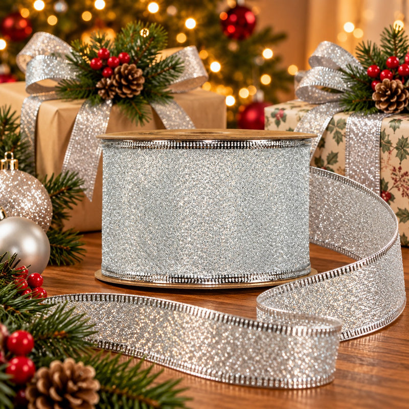 Piovaccari Nastro Amelie Argento 63 mm x 10 m – Nastro Decorativo Natalizio per Albero di Natale, Fiocchi e Confezioni Regalo