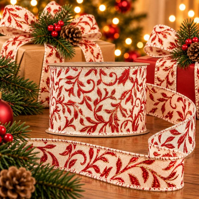 Piovaccari Nastro Natalizio Red Arabesque Rosso 63 mm x 10 m – Nastro Decorativo con Motivo Arabesco per Albero di Natale, Fiocchi e Confezioni Regalo
