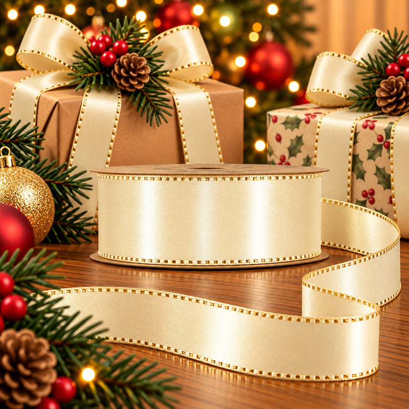 Piovaccari Nastro Satinée Cream 25 mm x 20 m – Nastro Satinato Color Crema per Fiocchi, Confezioni Regalo e Decorazioni Natalizie