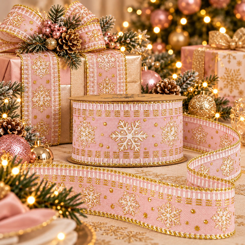 Piovaccari Nastro Natalizio Snowflake in Pink Rosa 63 mm x 10 m – Nastro Decorativo con Fiocchi di Neve per Albero di Natale, Fiocchi e Confezioni Regalo