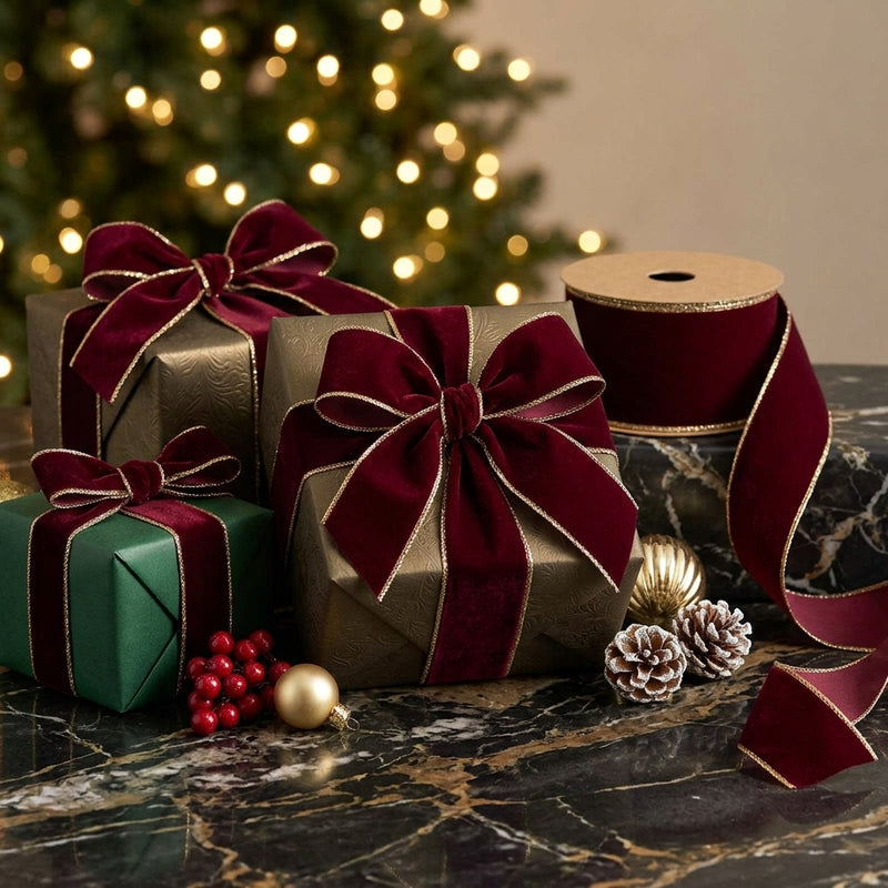 Piovaccari Nastro Double Sides Velvet & Glitter Rosso Scuro 63 mm x 10 m – Nastro Natalizio in Velluto e Glitter per Albero di Natale, Fiocchi e Confezioni Regalo