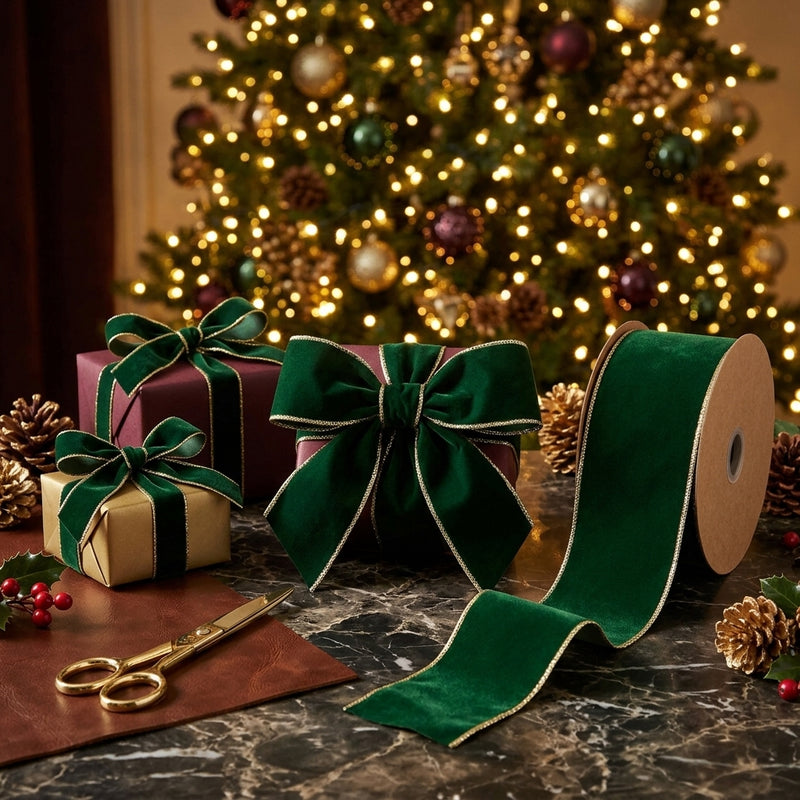 Piovaccari Nastro Double Sides Velvet & Glitter Verde Scuro 63 mm x 10 m – Nastro Natalizio in Velluto e Glitter per Albero di Natale, Fiocchi e Confezioni Regalo