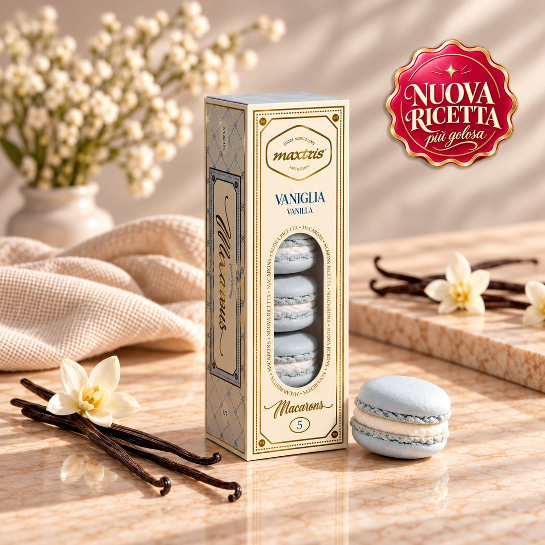 Maxtris Macarons Vaniglia 70 g 5 Pezzi – Dolcetti Macarons al Gusto Vaniglia per Feste, Confettate e Idee Regalo