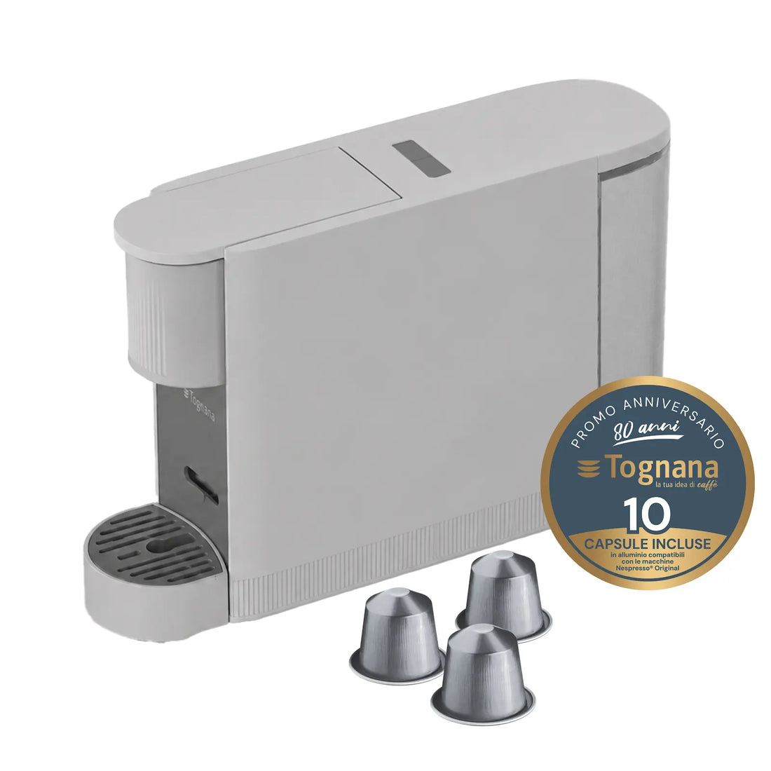 Tognana Iridea Set Macchina da Caffè Elettrica Compatibile Nespresso Color Grigio Perla con 10 Capsule – Macchina Espresso