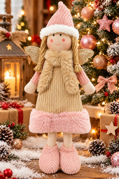 ARPIMEX Angioletto di Natale con Cappello Rosa in Stoffa H 35 Cm Beige