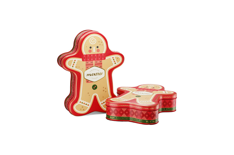 Maxtris Omino Pan di Zenzero in Latta con Cioccolatini Assortiti 96 g – Confezione Regalo Natalizia con Cioccolatini per Natale