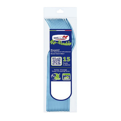 Posate riutilizzabili per picnic ed eventi: forchette Dopla Compact azzurro, 15 pz, lavabili e resistenti. Pratiche e sostenibili. 